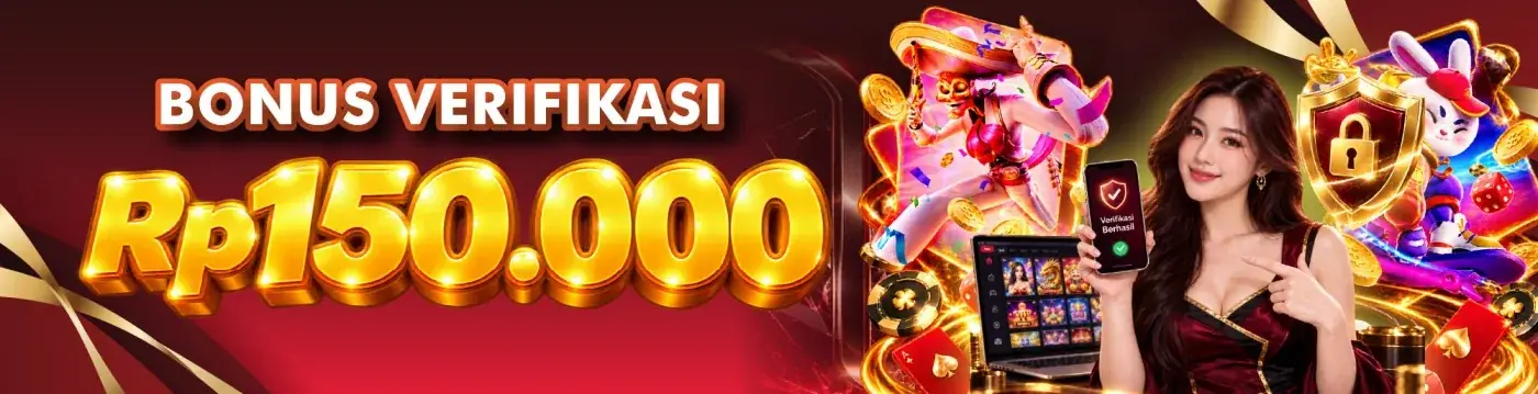 Spanduk bonus verifikasi Rp150.000 dengan layar ponsel Verifikasi Berhasil